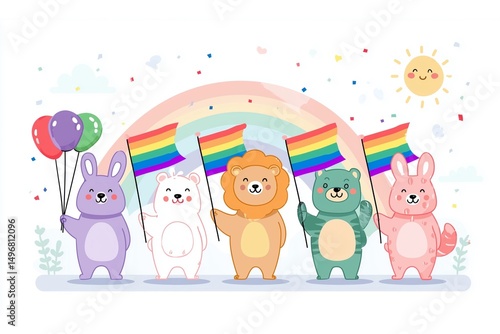 Happy birthday card featuring cartoon children and cute animals celebrating together Pride Month