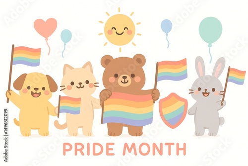 Funny cartoon animals celebrating a birthday on a cute greeting card Pride Month