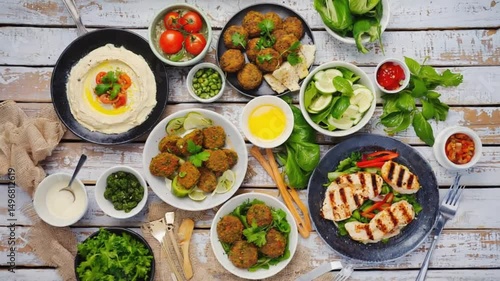 Wallpaper Mural Top View of Mediterranean Cuisine with Falafel, Hummus, Grilled Chicken, and Fresh Herbs.  Torontodigital.ca