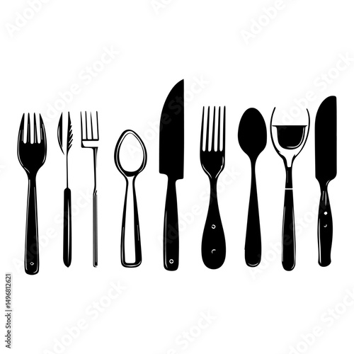 spoon and fork set. Set of restaurant icons. Silhouette cutlery icon, Steel Spoon Set, Spoon Set, Cutlery Set, Stainless Steel Spoon Set. Black cutlery set, Kitchen silhouette set.