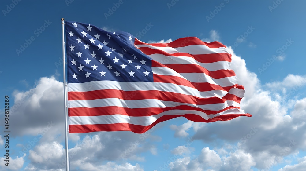 Fototapeta premium A vibrant national flag waves against a partly cloudy blue sky, symbolizing freedom and unity.