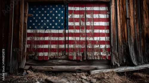 Weathered American flag painted on old wooden barn wall, showing patriotism and rustic charm.