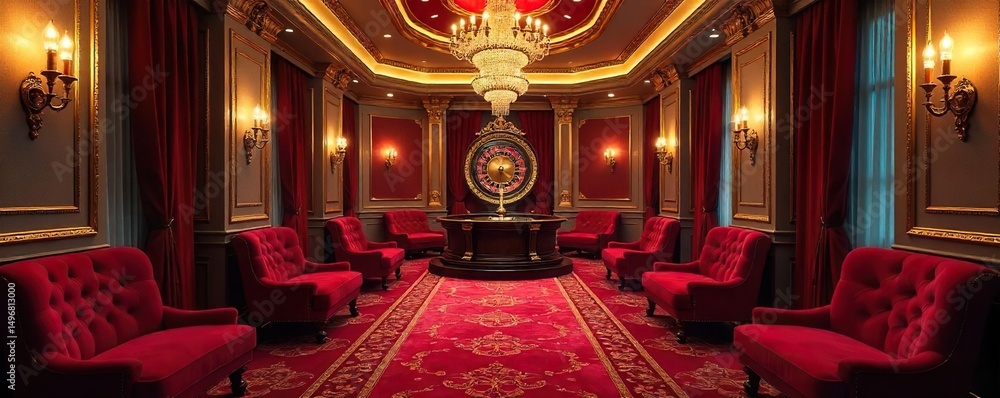 Obraz premium Luxurious casino interior with plush velvet seating, gleaming chandeliers, and a roulette wheel in the background, creating an atmosphere of opulence and excitement , chandelier, interior
