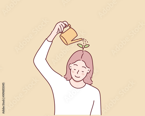 Thinking positive mindset. Girl watering flowers on her head with watering can. Conscious woman optimist. Good mood and happy character. Hand drawn style vector design illustrations.