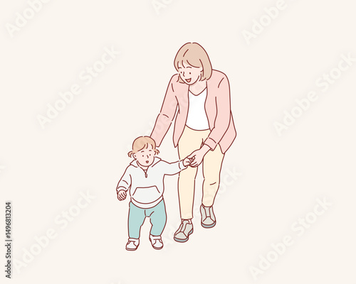 Mother Helping Baby Take First Steps. Hand drawn style vector design illustrations.