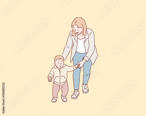 Mother Helping Baby Take First Steps. Hand drawn style vector design illustrations.