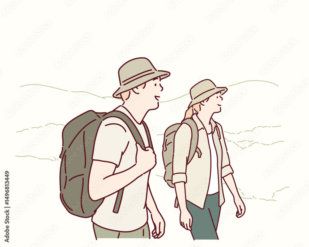 Fototapeta premium Man and Woman Hiking Together in the Mountains. Hand drawn style vector design illustrations.