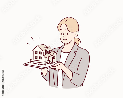 Architect Holding a House Model. Hand drawn style vector design illustrations.