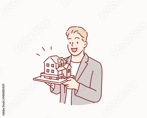 Architect Holding a House Model. Hand drawn style vector design illustrations.