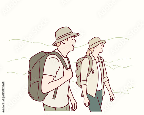 Man and Woman Hiking Together in the Mountains. Hand drawn style vector design illustrations.