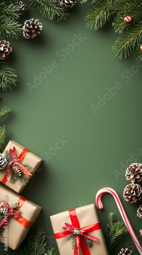 Christmas Gift Boxes Pine Cones Festive Green Background