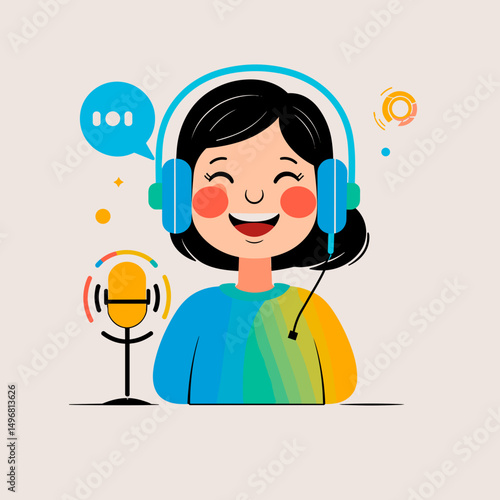 Cartoon girl smiling with headphones and microphone in a colorful design  