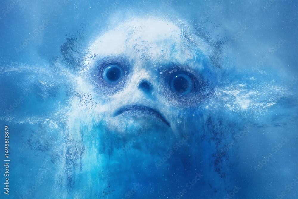 Fototapeta premium Rostro asustado y azulado, como si estuviera hecho de polvo o niebla, con una expresión de terror.