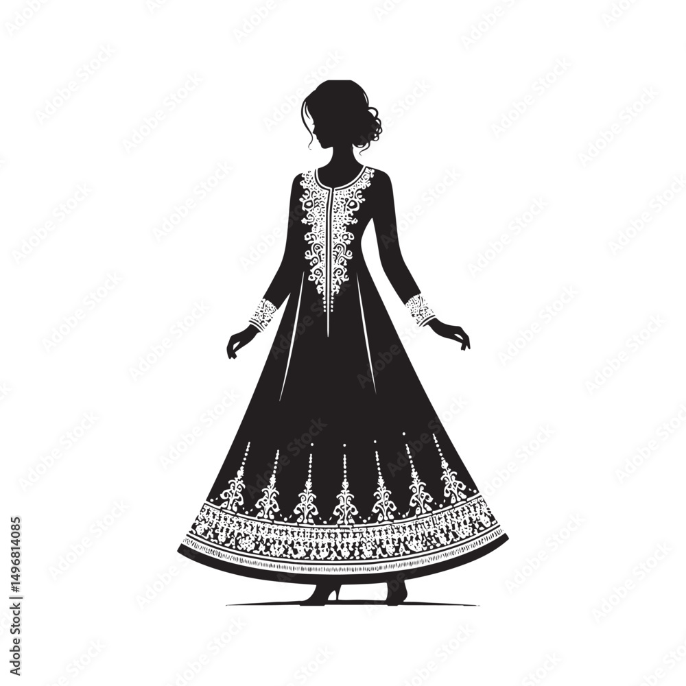 Fototapeta premium Elegant Anarkali Dress Silhouette Featuring Traditional Flowing Gown Design, Cultural Indian Fashion, Ethnic Wear Grace, Formal Attire Vector Illustration - Anarkali Dress Vector. 