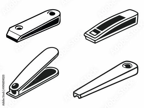 Simple Black and White Illustration of Nail Clippers, Nail File, and Stapler, Four black and white line art illustrations of various tools.