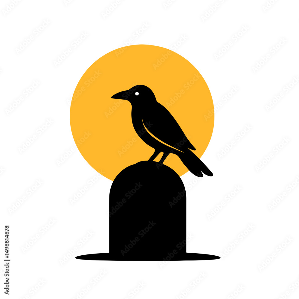 Fototapeta premium Crow sitting on tombstone under full moon silhouette