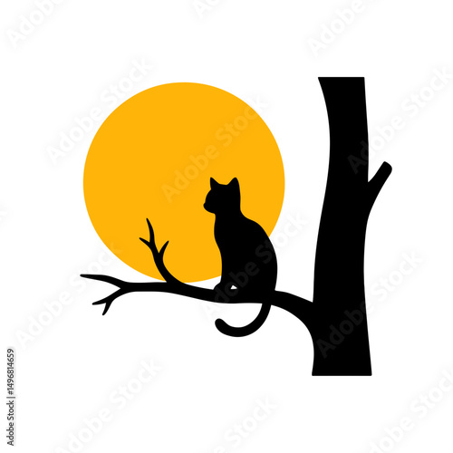 Cat sitting on tree branch with full moon background