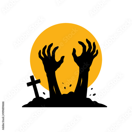 Zombie hands rising from grave in Halloween scene