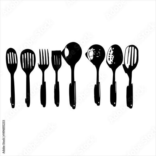 spoon and fork set. Set of restaurant icons. Silhouette cutlery icon, Steel Spoon Set, Spoon Set, Cutlery Set, Stainless Steel Spoon Set. Black cutlery set, Kitchen silhouette set.
