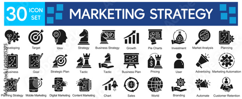 Marketing Strategy Icons Collection related to Marketing, Strategy, Business, Plan, Target, Idea, Growth, Analysis, Planning, Goal, Trade, Pricing, User, Advertising, Branding.