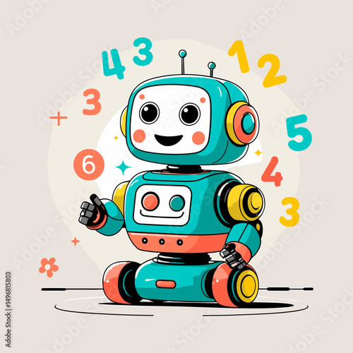 Playful robot character smiling with bright numbers around it  