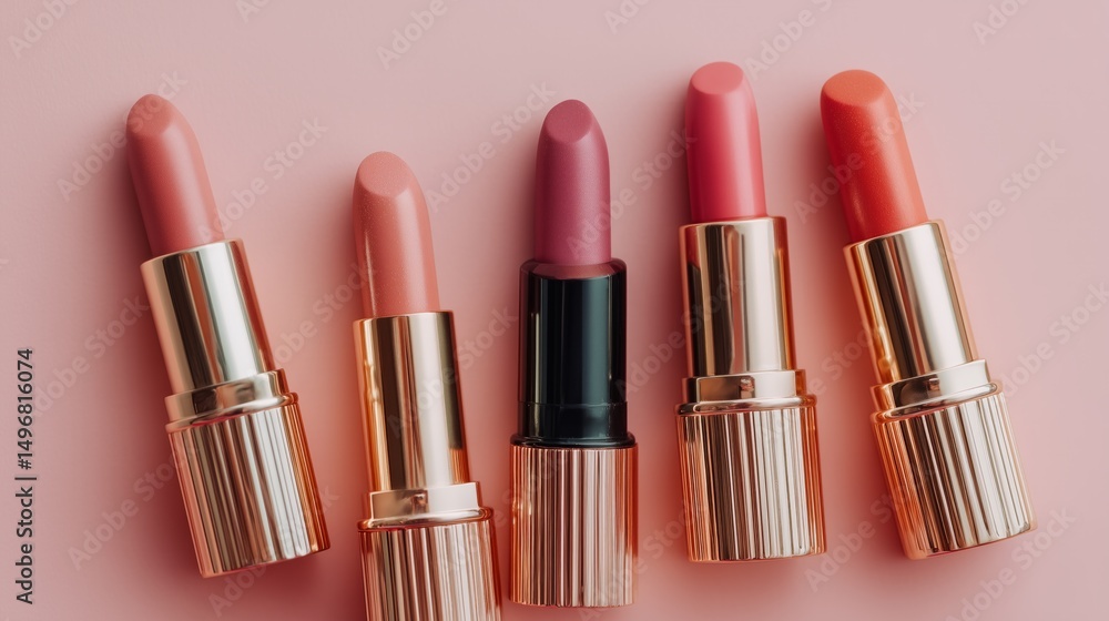 Obraz premium Five colorful glossy lipsticks are lying on a pink background, representing makeup, cosmetics, and beauty products