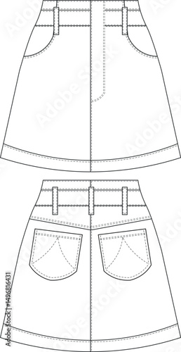 mid rise mid waist short mini a line denim jean belted skirt template technical drawing flat sketch cad mockup fashion woman design style model 
