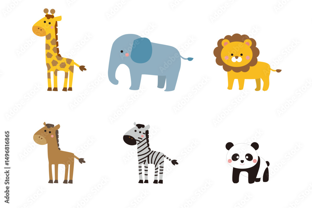 Fototapeta premium Playful Safari Animal Grid: Giraffe, Elephant, Lion, Horse, Zebra, Panda in Minimalist Flat Design for Nursery & Kids' Decor