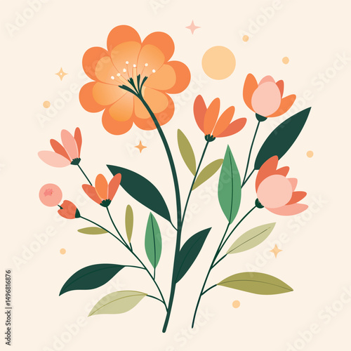 Vibrant floral illustration of a cheerful spring bouquet with colorful blossoms and fresh green leaves.