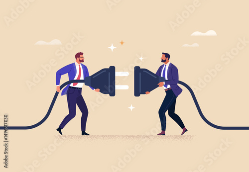 Business Connection Concept. Vector cartoon flat illustration of two men in business suits connecting electrical plugs to each other. Isolated on background.