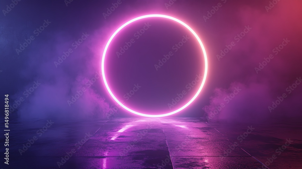 Obraz premium A glowing neon circle surrounded by colorful smoke in a dark atmosphere.