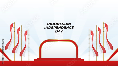 Podium stage with red and white flags illustration for Indonesian Independence Day celebration on 17th August. Patriotic and ceremonial vector background.