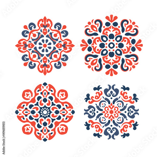 Ornamental Folk Mandala Set – Red and Blue Decorative Floral Elements