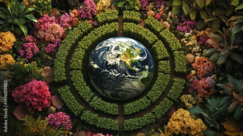 Wallpaper Mural A globe surrounded by vibrant flowers in a green garden setting. Torontodigital.ca