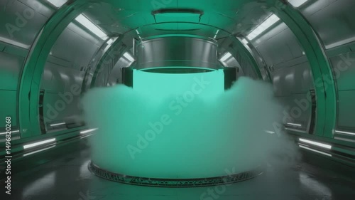 Futuristic Sci-Fi Tunnel with Green Screen Display and Smoke Effects. 