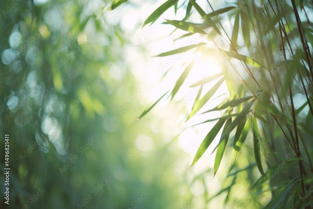 Obraz premium Sunlight softly filtering through dense bamboo grove creating tranquil summer atmosphere for wellness