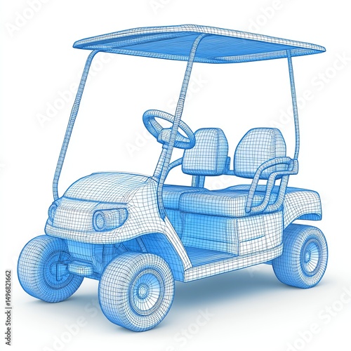 Wireframe model of an electric golf cart on a white isolated background.