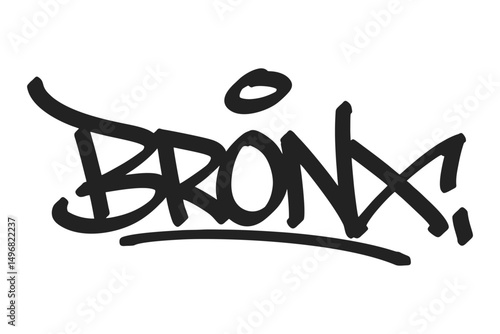Bronx graffiti tag in bold black lettering on white background. Clean urban style, iconic for vibrant New York borough culture, hip hop roots, and creative street art projects.