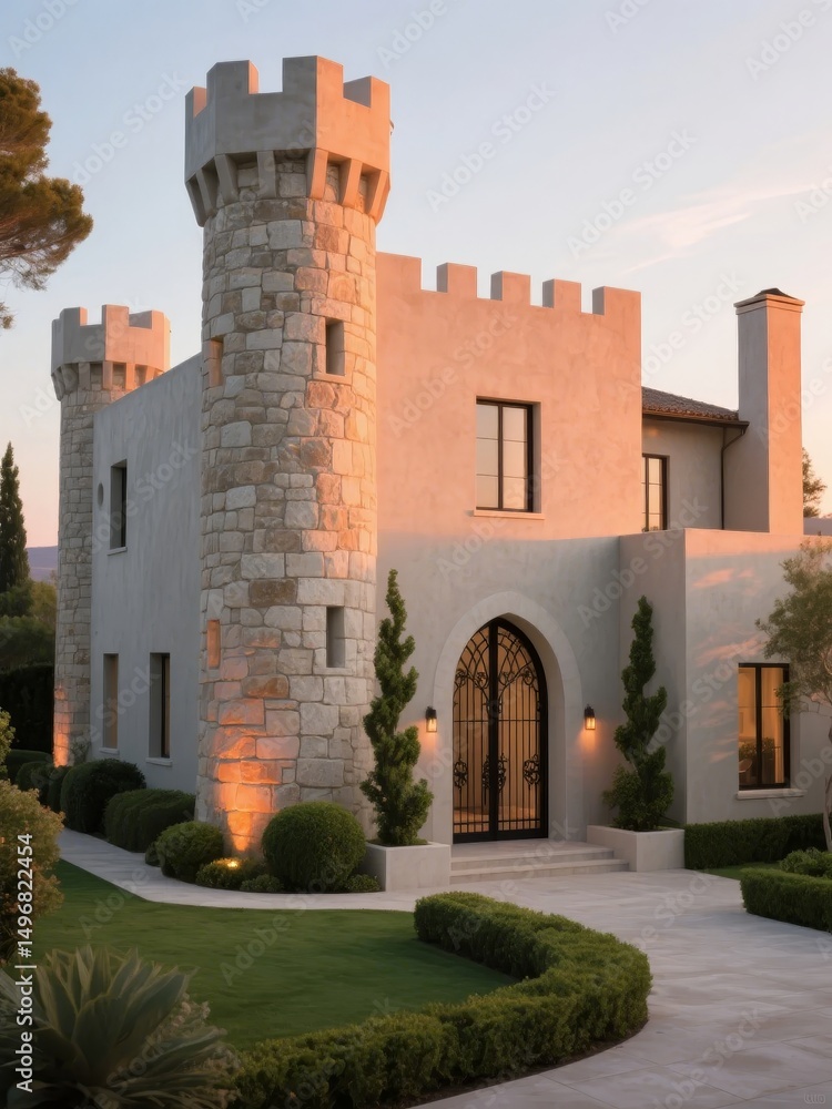 Naklejka premium Modern Castle with Turret and Arched Gate