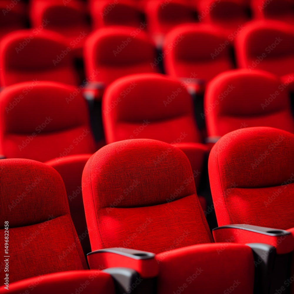 Fototapeta premium Rows of Red Cinema Seats Movie Theater Empty Auditorium