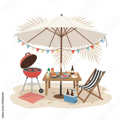 Summer Beach BBQ Party with Food and Drinks Under Umbrella