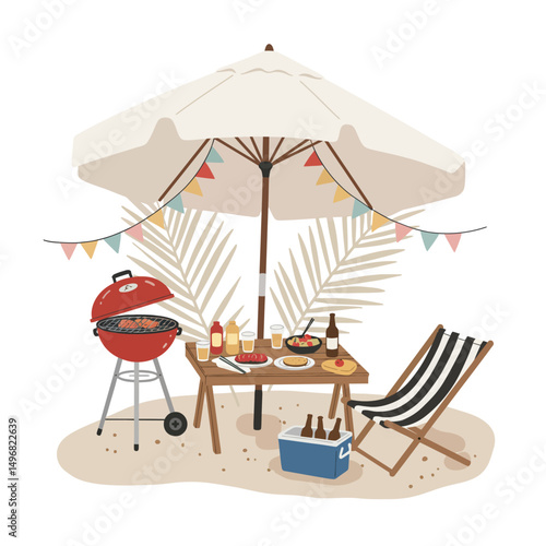 Summer Beach BBQ Party with Food and Drinks Under Umbrella