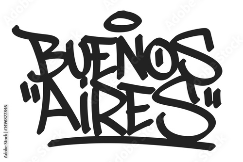 Buenos Aires graffiti tag in bold black lettering on white background. Clean urban style, perfect for vibrant Argentine city culture, tango vibes, and creative street art projects.