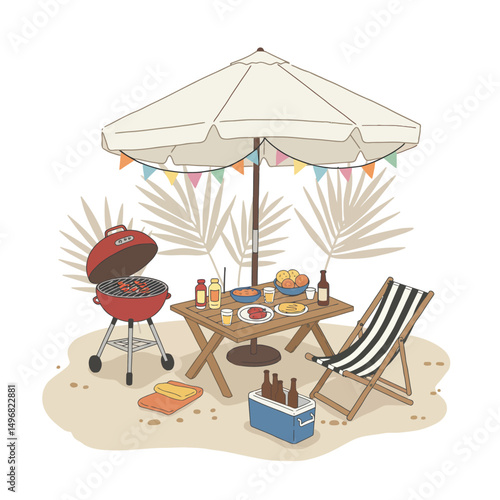 Summer Beach BBQ Party with Food and Drinks Under Umbrella