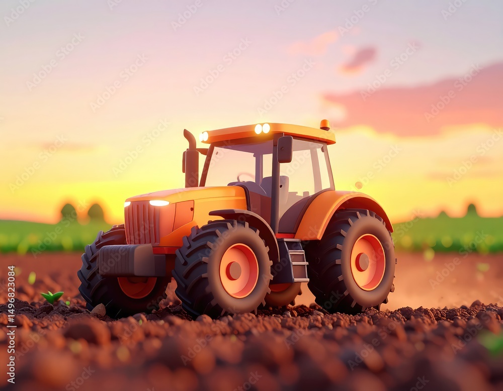 Fototapeta premium Sunset Tractor: A Rustic, Stylized Farm Scene