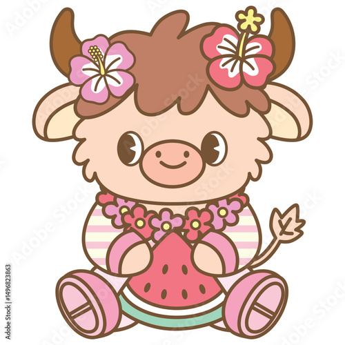 cute kawaii Summer Highland Cow outline cartoon doodle illustration