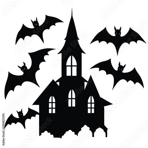 Silhouette of Haunted House with Bats for a Spooky Halloween 