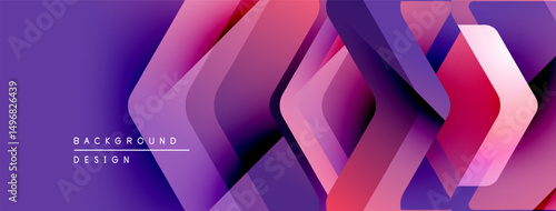Abstract geometric shapes overlap, creating vibrant purple, pink gradients. Modern design suggests technology, innovation, dynamic visuals.