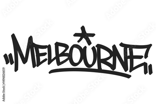 Melbourne graffiti tag in bold black lettering on white background. Clean urban style, perfect for vibrant Australian city culture, street vibes, and creative art projects.