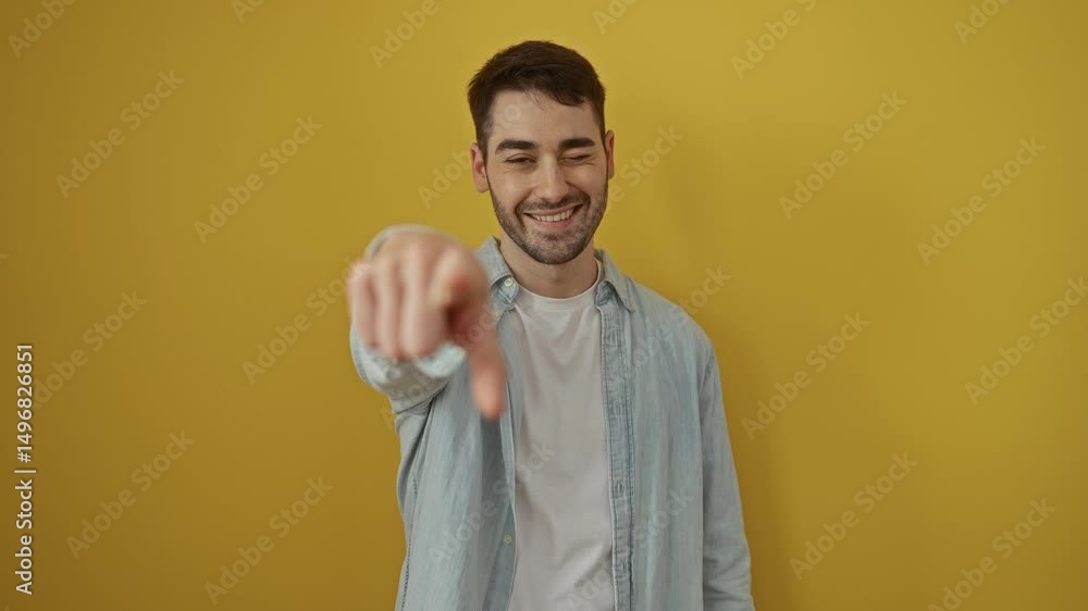 Young hispanic man smiling and pointing forward against a vibrant yellow background Young hispanic man smiling and pointing forward against a vibrant yellow background